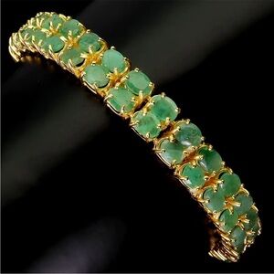 24ct Natural Emerald tennis bracelet. 14k yellow Gold over 925 silver. Adj